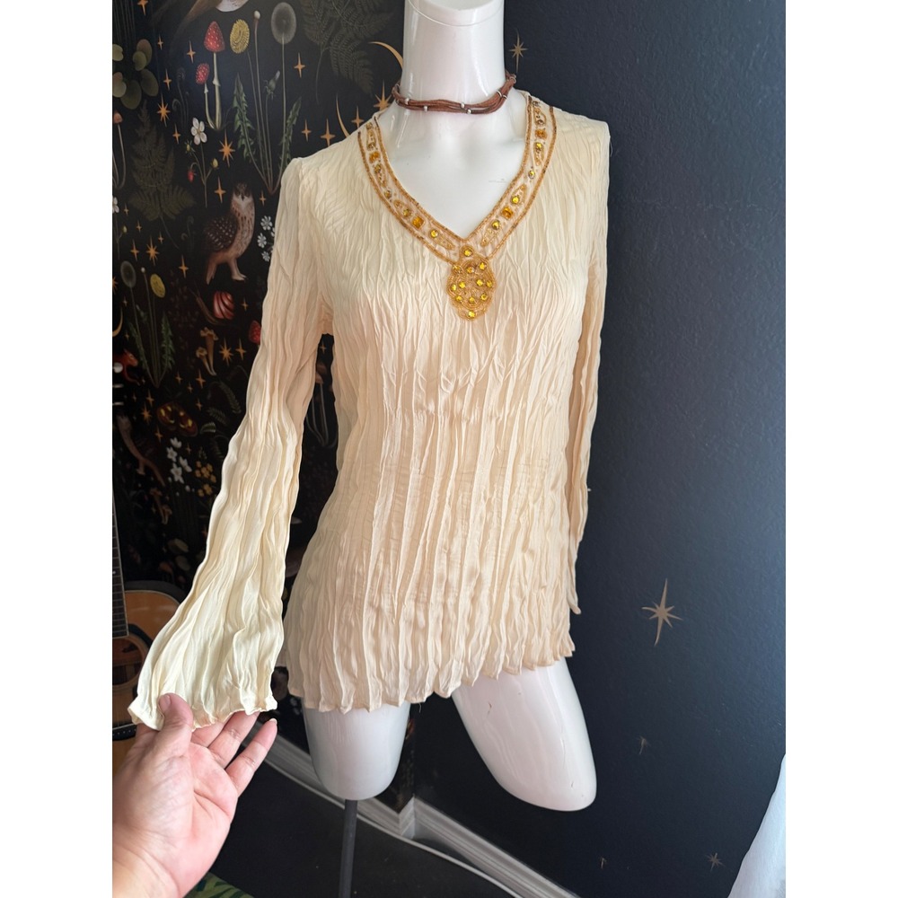 Worthington Petite Cream Gold Metallic Crinkle Beaded V-Neck Blouse PM Medium